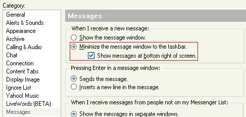 yahoo messenger window popup disable